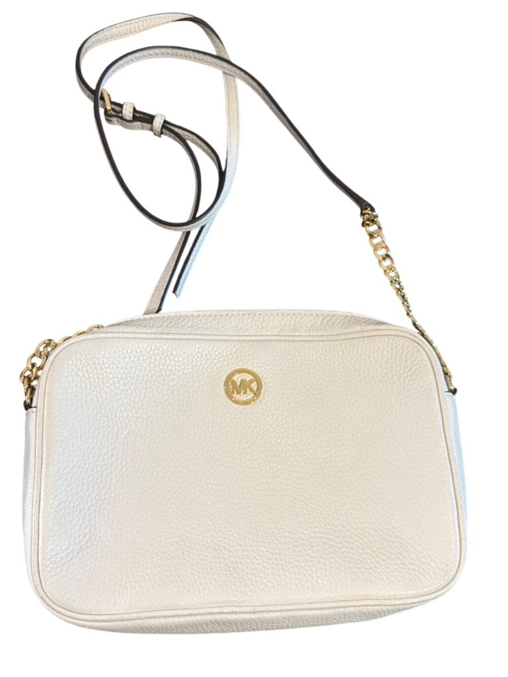 Michael Kors White Pebbled Leather Crossbody Bag Gold Tone Hardware Chain Purse